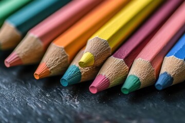 A close-up of colorful pencils on a dark surface.