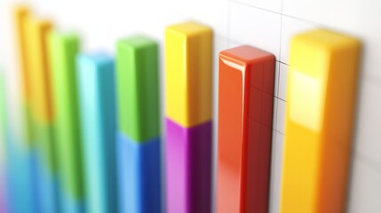 Aufkleber - Colorful 3D Bar Graph Showing Rising Data Trends with Vertical Bars in Bright Shades of Blue, Green, Yellow, Orange, Red, and Purple Against a White Background