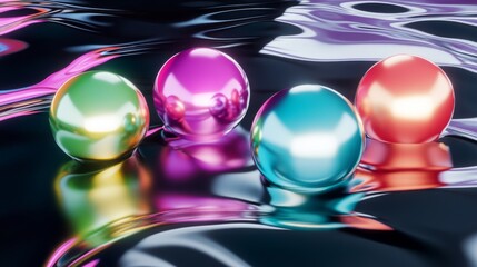 Poster - Colorful Reflective Spheres on a Shimmering Surface Creating a Vibrant and Dynamic Visual Experience with Intricate Light Reflections and Fluid Motion