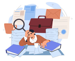 Poster - Overworked secretary at work. Tired woman sitting at table with briefcase and stack of papers. Workaholic with mental burnout. Flat vector illustration isolated on white background