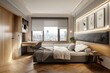 © adri - Modern bedroom with a city view, a large bed, a desk, and a wooden floor.