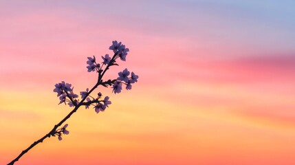 Poster - Delicate Cherry Blossom Branch Silhouetted Against a Vibrant Sunset Sky with Soft Colors of Pink, Orange, and Blue Creating a Serene Atmosphere of Natural Beauty