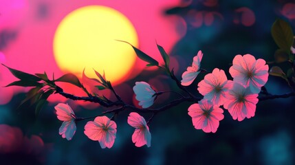 Poster - Delicate Blossoms Against a Vibrant Sunset Background, Capturing the Essence of Nature's Beauty with Soft Petals Illuminated by Warm Colors