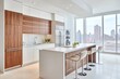 © adri - Modern kitchen with white cabinets, wood accents, a large island, and a city view through large windows.