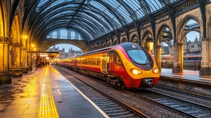 Poster - Vibrant Train Arriving at Historic Station During Golden Hour, Showcasing Architectural Beauty and Modern Transportation in Urban Setting