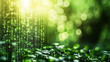© Milon - Green leaves with sunlight shining through in a forest with a digital effect displaying binary code