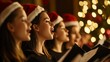 © Plaifah - Cheerful Christmas Choir Wearing Santa Hats Singing Joyful Carols in Front of a Beautifully Lit Tree with Warm Bokeh Background