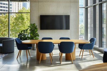 Aufkleber - A modern, minimalist conference room with a large wooden table and blue chairs, set against a backdrop of concrete walls and large windows overlooking a cityscape.