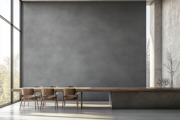 Aufkleber - Modern dining room with large windows, concrete walls, and a long wooden table.