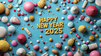 Poster - Colorful sweets and decorations celebrating Happy New Year 2025!
