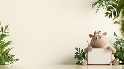 Poster - cozy scene of hippopotamus holding blank sign surrounded by greenery