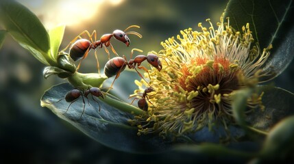 Poster - Close-Up of Ants Interacting with a Vibrant Flower, Showcasing Nature's Intricate Ecosystem and the Beauty of Small Creatures in Their Habitat