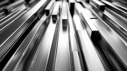 Aufkleber - Abstract close-up of shiny metal bars arranged in a dynamic pattern, creating a sense of depth and movement in a futuristic industrial setting with reflections.