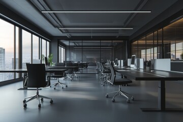Aufkleber - Modern office interior with large windows, black desks, and chairs.