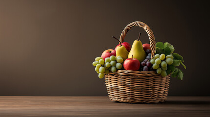 Aufkleber - rustic basket filled with fresh apples, pears, and grapes