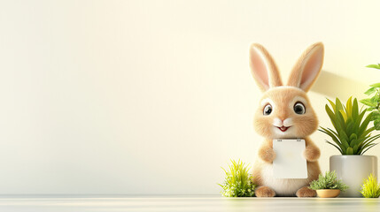 Poster - cute bunny holding notepad surrounded by green plants