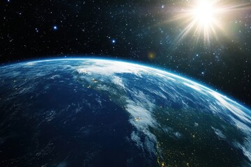 Wall Mural - a beautiful view of the earth from space, showing the sunrise over a blue planet.