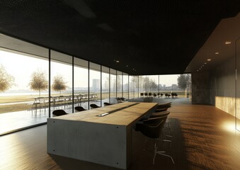 Aufkleber - Modern conference room with large windows overlooking a city skyline.