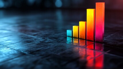 Poster - Colorful Histogram Bars on a Reflective Surface Showing Growth Potential in a Modern Business Environment with Dramatic Lighting Effects