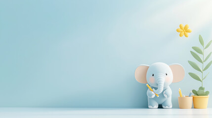 Poster - cute elephant holding pencil beside colorful pots and plants