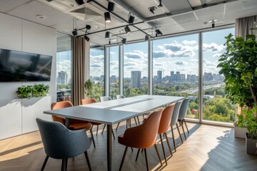 Aufkleber - Modern office conference room with large windows overlooking a cityscape.