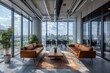 © adri - Modern office lounge with large windows overlooking a city skyline.