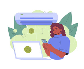 Poster - Woman in smart office. Young girl with smartphone and laptop controls air conditioner. Worker at comfortable workspace. Temperature adjustment. Flat vector illustration isolated on white background