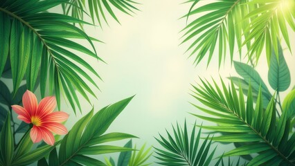 Poster - A tropical scene with green leaves and pink flowers