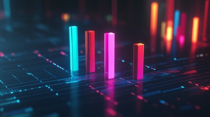 Poster - dynamic abstract data visualization with colorful bar graphs on a futuristic background representing
