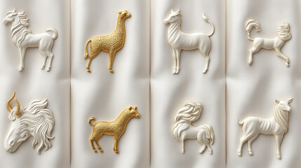 Poster - Elegant animal reliefs in gold and white on textured background