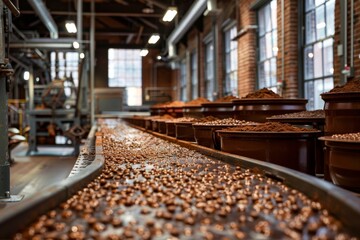 Wall Mural - A chocolate factory tour scene, where visitors observe the artisanal chocolate-making process, highlighting the craftsmanship and quality of the products