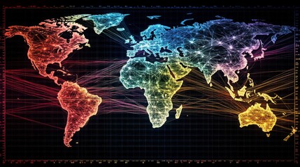 Poster - Global Network Connectivity Map in Colorful Lines Illustrating Digital Connections and Data Exchange Across Continents and Regions for Technology and Communication Themes