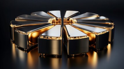 Poster - Gleaming Gold and Black Geometric Design With Radiating Shapes and Bright Reflective Surfaces Capturing Modern Aesthetic and Luxurious Appeal