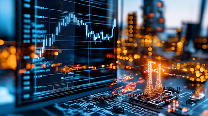 Fototapete - Digital screen displaying energy stock values with power lines