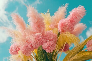 Wall Mural - A bouquet of pink and yellow pampas grass against a blue sky with white clouds.