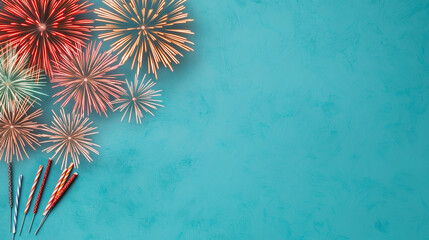 Aufkleber - Vibrant fireworks creating colorful patterns against blue background