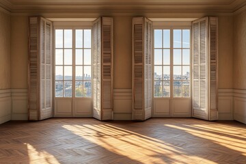 Aufkleber - Empty room with two large windows and wooden floor, with a view of a city skyline through the windows.