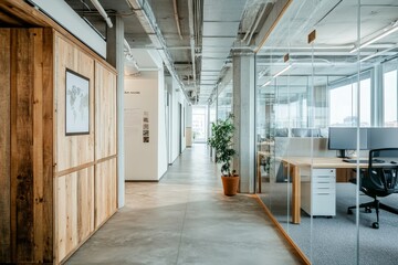 Aufkleber - A modern office hallway with glass walls, exposed concrete columns, and wood paneling.