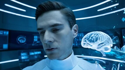 Poster - A futuristic figure in a high-tech environment with a holographic brain display.