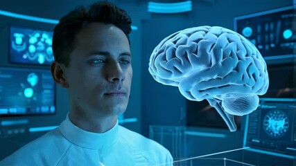 Poster - A futuristic scene depicting a person interacting with a holographic brain model.