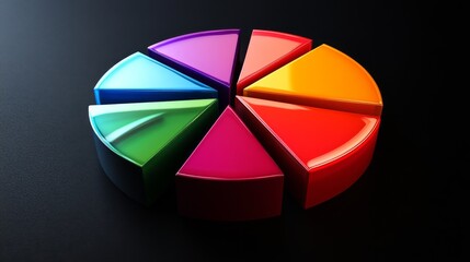 Fototapete - Vibrant Multi-Colored Pie Chart Segments on Dark Surface Showcasing Data Representation and Analysis for Marketing, Statistics, and Presentations