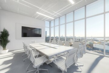 Poster - Modern, white conference room with a large window overlooking a city skyline.
