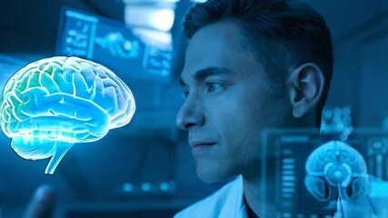 Poster - A scientist examines a holographic brain model in a futuristic lab setting.