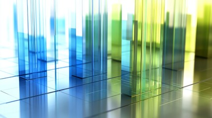 Aufkleber - Abstract geometric design with glass-like colorful bars in blue, green, and yellow tones reflecting light in a modern digital environment