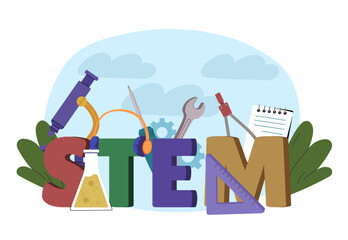 Stem object poster. Science, technology, engineering, and mathematics. Education and learning, training. Large microscope, wrench and flask with reagent. Flat vector illustration