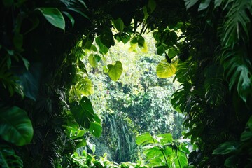 Wall Mural - Lush green leaves create a natural frame around a view of a tropical forest.