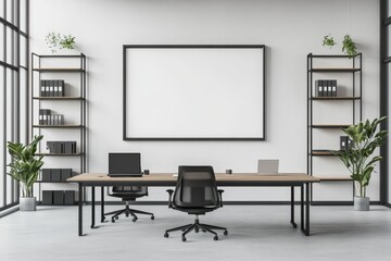 Poster - A modern office interior with a large blank frame on the wall, two desks with computers, and black office chairs, in a white room.