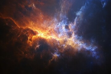 Wall Mural - a fiery, abstract nebula in space with swirls of red, orange and blue gas.
