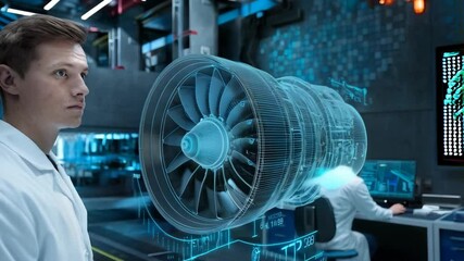 Poster - A scientist observes a holographic jet engine in a modern lab with another colleague working.
