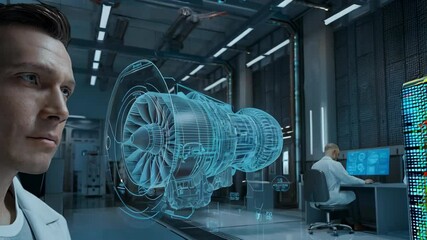 Poster - A scientist analyzes a holographic jet engine in a modern laboratory setting.